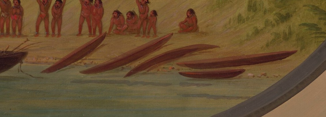 Smaller canoes indicate local transportation and resource use.
