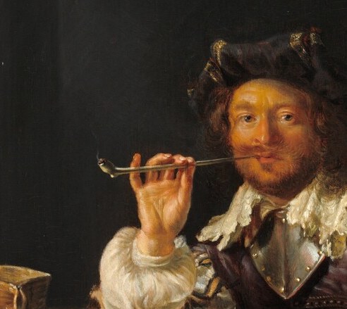 The title object and compositional focal point; pipe-smoking was a fashionable, slightly vain pleasure in 17th-c. Netherlands, lending the soldier a civilian softness.