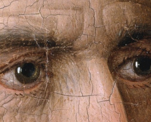 The donor’s direct gaze creates an immediate connection with the viewer.