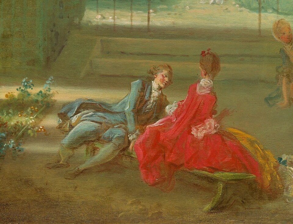 Their relaxed posture and proximity suggest intimacy and a shared moment of leisure, contrasting with the game's activity.