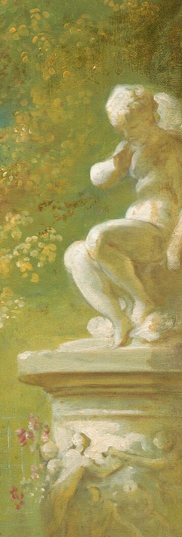 Another sculpted figure on the right reinforces their cultured world.