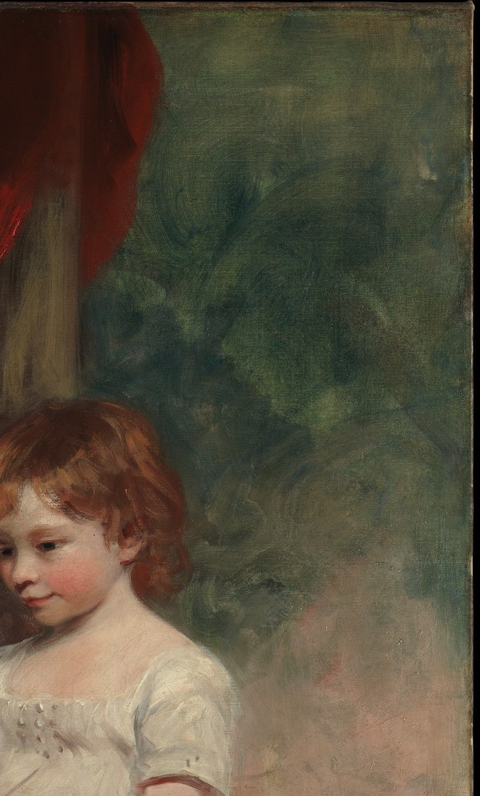 The saturated red commands the upper right and acts as a chromatic counterweight to the all-white foreground dress; it also signals aristocratic patronage through an inherited portrait convention reaching back to van Dyck.