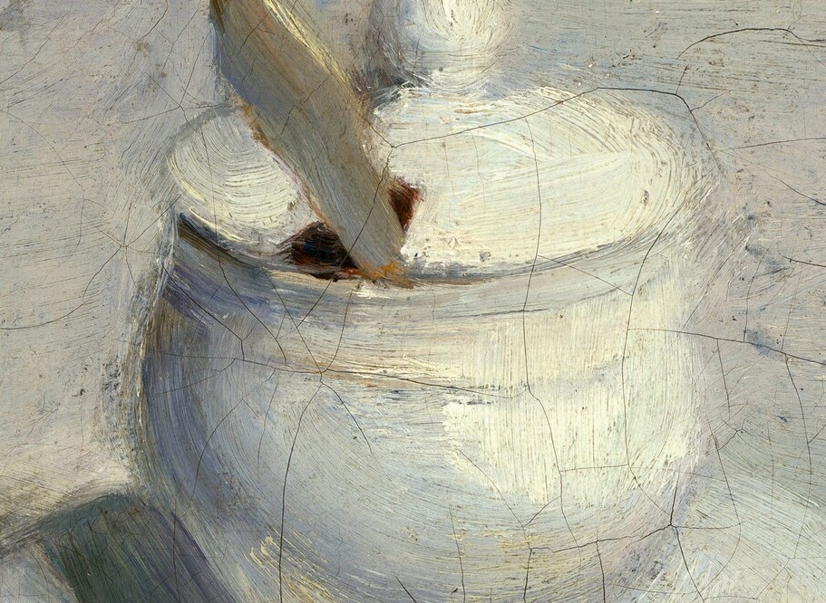 Notice the white porcelain mustard pot and silver spoon.
