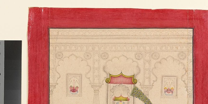 The architectural backdrop anchors the scene in a royal garden terrace; gold detailing on the canopy would shimmer with the silver-and-gold medium, placing this firmly in elite Mughal or Deccani pictorial space.