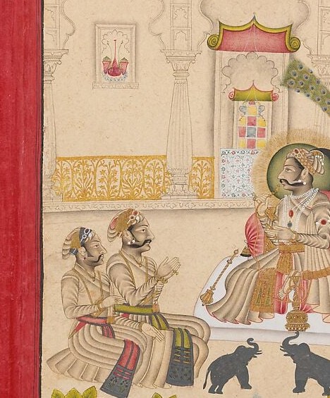 The painting's primary subject , his posture of relaxed leisure and layered garments communicate rank and indulgence; the whole composition radiates outward from his figure.