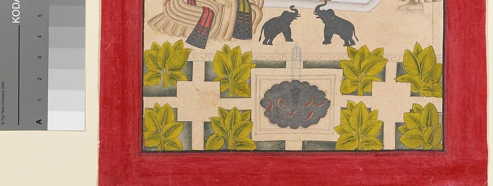 The lush plantings create a garden enclosure; Mughal and Deccani painters often depicted specific botanical species here , a closeup may reveal identifiable flora.