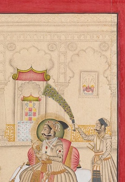 The royal parasol is a codified insignia of sovereignty in South Asian court art; its scale and placement certify the nobleman's status without a word of inscription.