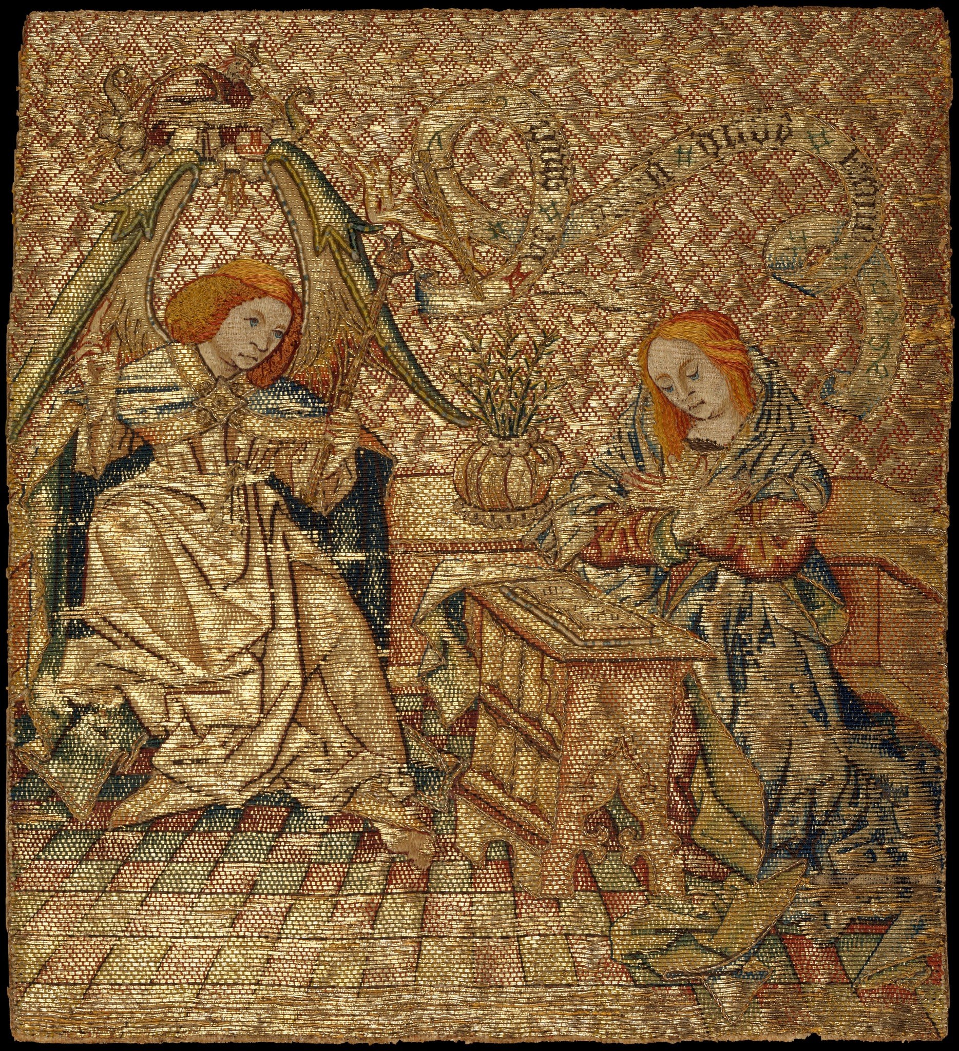 The entire background is worked in a repeating diamond or diaper pattern of gold thread , a technique signifying the heavenly realm and typical of high-status 15th-century embroidery.