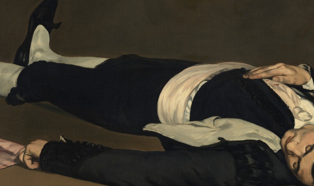Manet renders the embroidered costume with almost graphic flatness , suppressing ornament and tonal gradation to turn the body into pure weight and mass, not spectacle