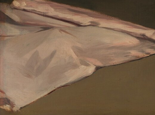 The abandoned cape is the toreador's primary weapon, now merely crumpled cloth , its soft domestic pink against the black suit and dark ground is a quietly devastating color irony