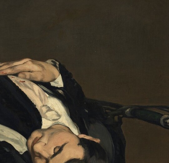 The ashen, slack face tilted back is the painting's emotional anchor , a death mask that is shockingly serene, drained of drama yet impossible to look away from