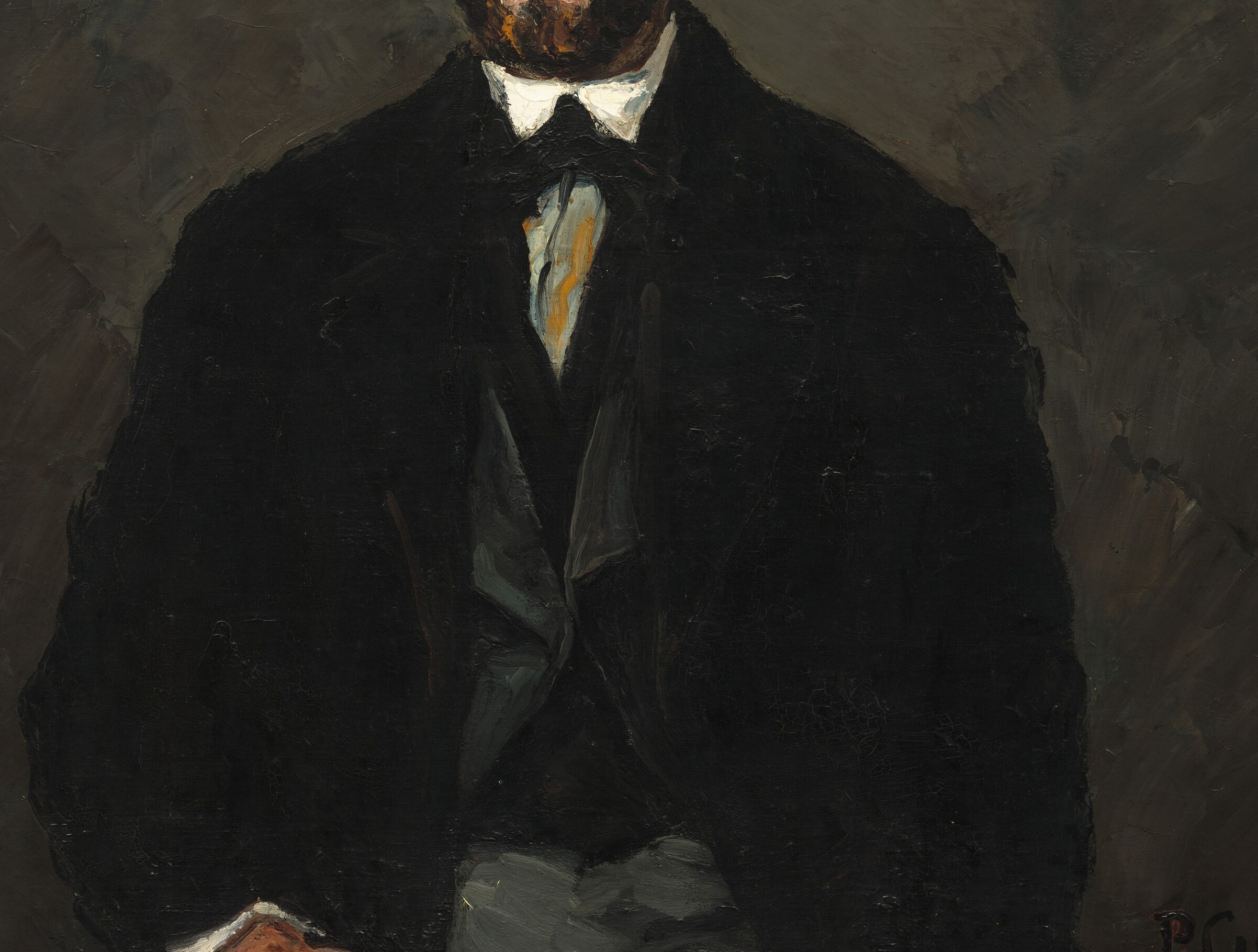 The thick impasto application of near-black paint , likely worked with a palette knife , is where Cézanne's 'couillarde' early technique is most visible; the tonal mass almost swallows the body, making the head float.