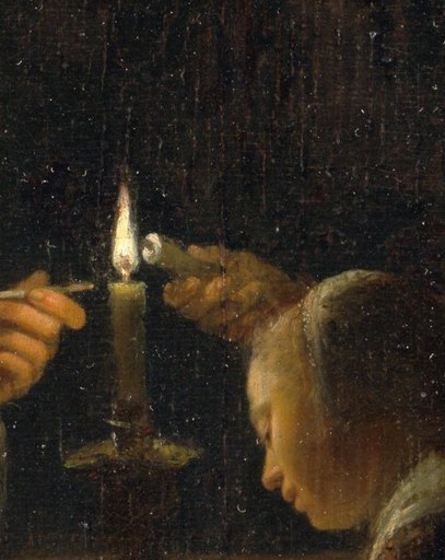 The shadow and reflective surface of the holder demonstrate Dou's fijnschilder obsession with rendering metallic or ceramic objects; worth a close-up for material realism