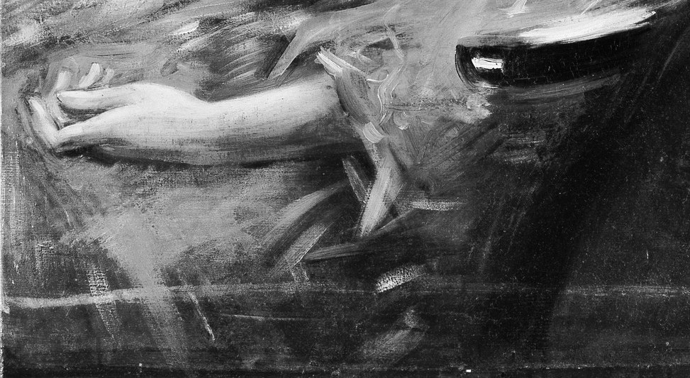 The painter left everything below her focus deliberately unfinished.