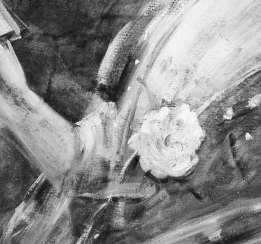 The only high-key accent against the grey-toned canvas; acts as a visual anchor and possibly a coded social marker , white camellia or gardenia was fashionable Parisian aristocracy shorthand.
