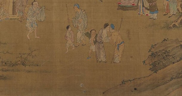The liveliest passage in the scroll; children's gestures and small-scale figures contrast with adult stillness, embodying the 'family training' theme in action.
