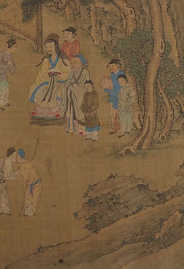 Look past the figures, into the bark of the old trees.