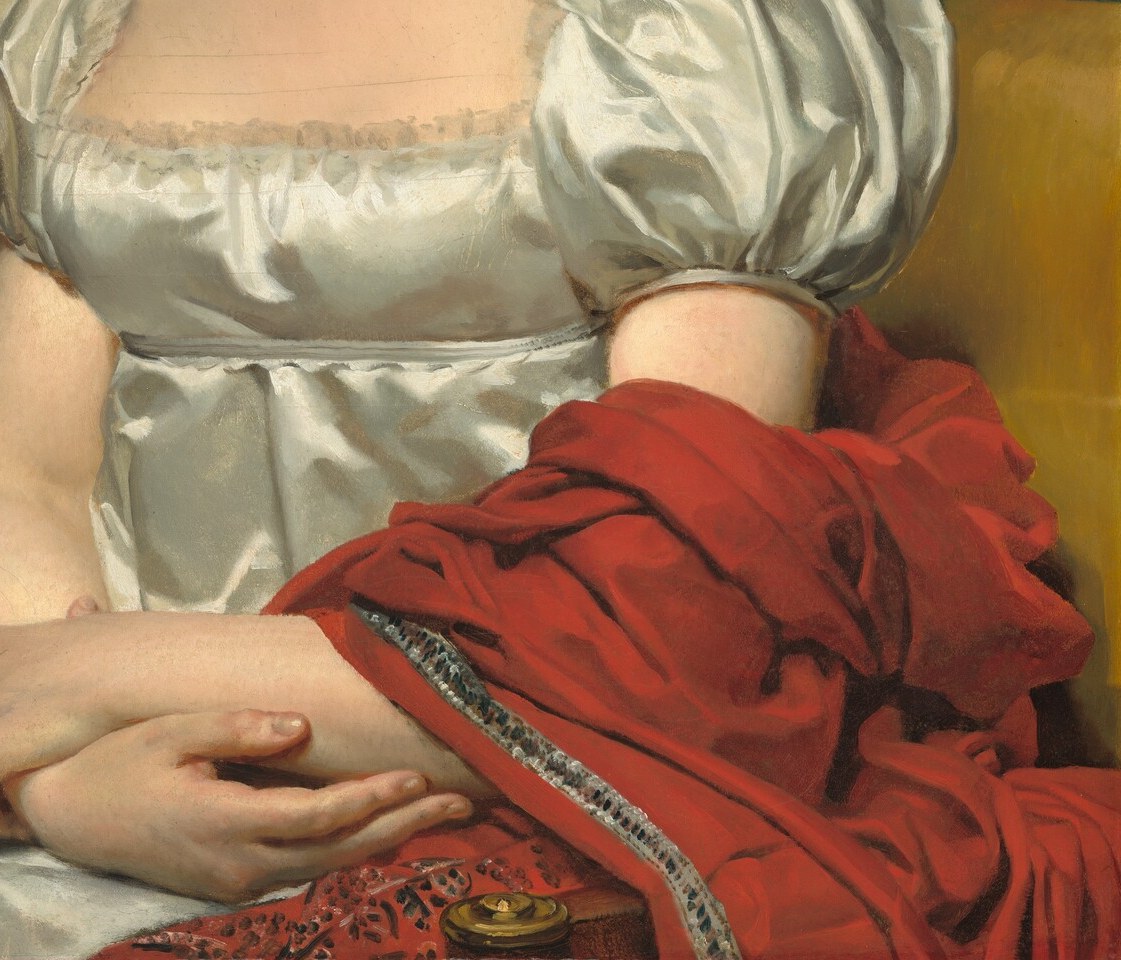 The saturated red anchors the lower third and contrasts sharply with the white bodice , a deliberate coloristic decision that draws the eye downward and implies warmth and domestic intimacy.