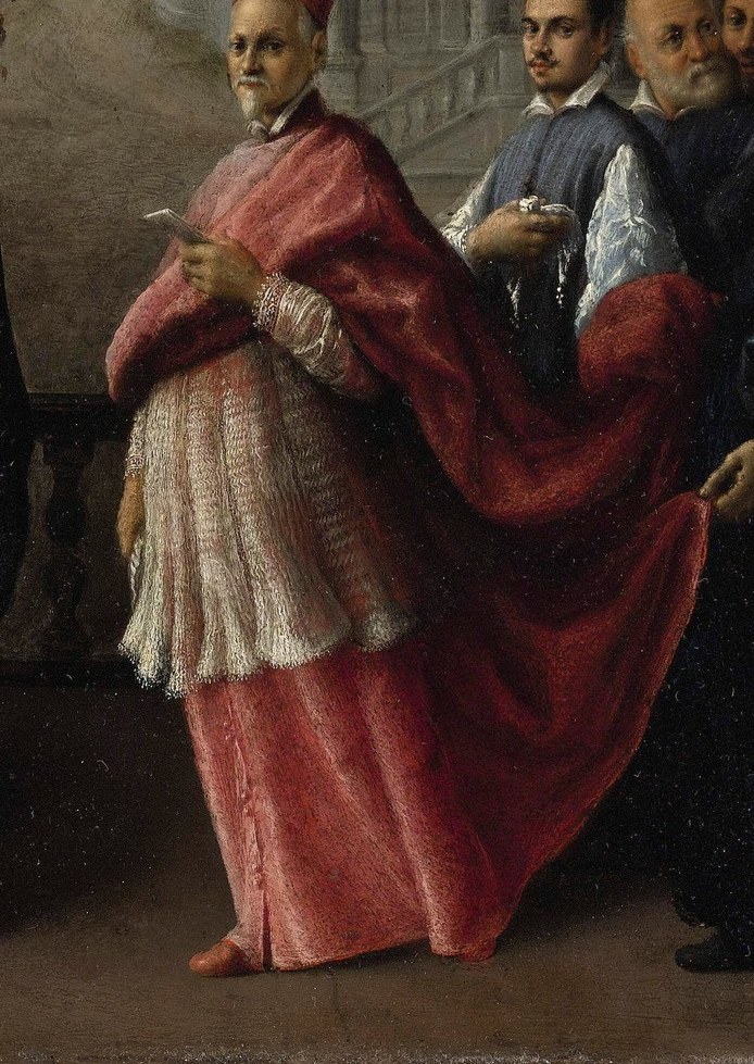 The voluminous and richly textured red robe signifies status and importance, its dramatic sweep suggesting movement and ceremony.