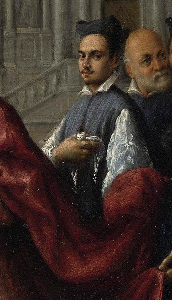 Figures in blue and dark robes follow.