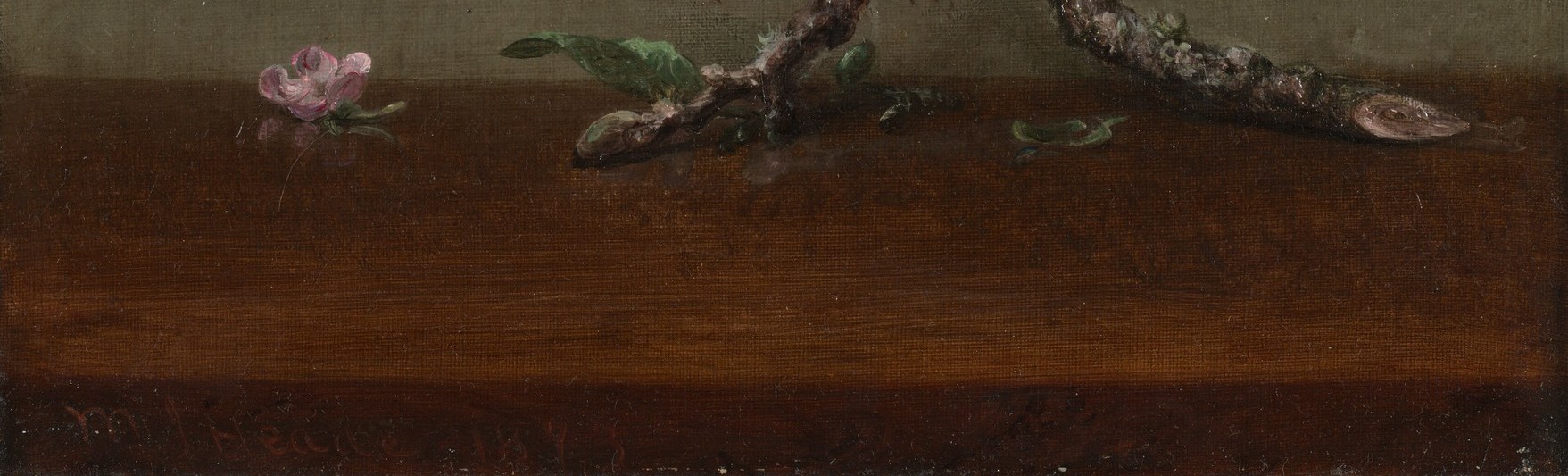 The smooth, reflective surface of the wood grounds the composition and highlights the organic forms above.
