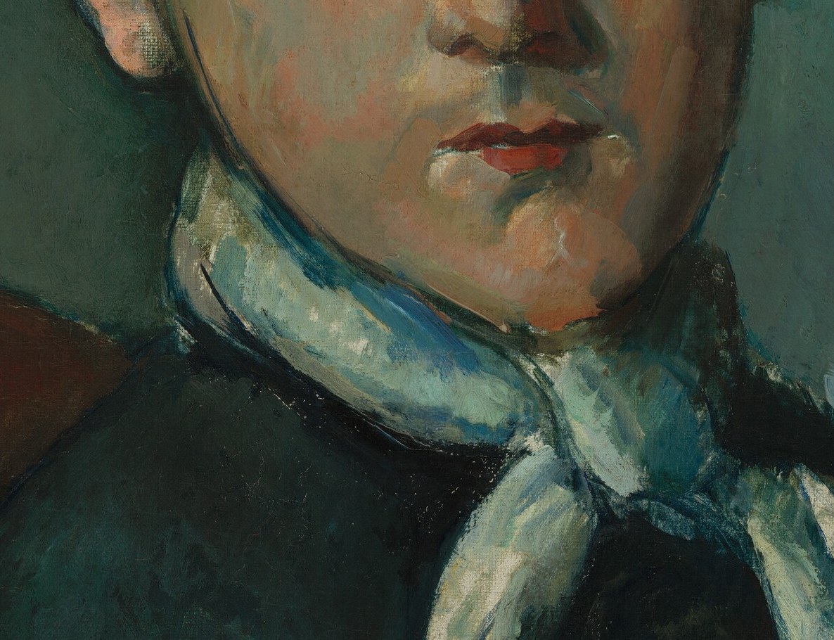 The brightest passage in the painting; the loosely knotted cloth softens the dark jacket and pulls light upward to the face , a compositional hinge between shadow and skin.