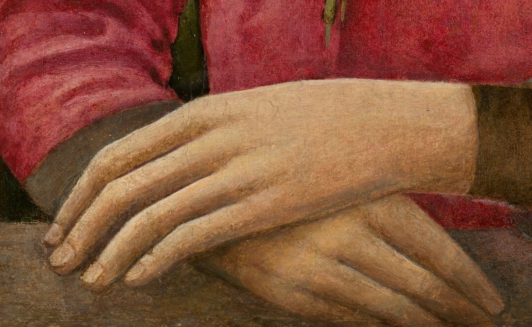 His carefully folded hands suggest a calm, composed demeanor.