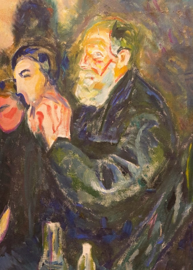 His intense gaze and clasped hands convey a sense of deep anguish or prayer, central to the painting's emotional core.