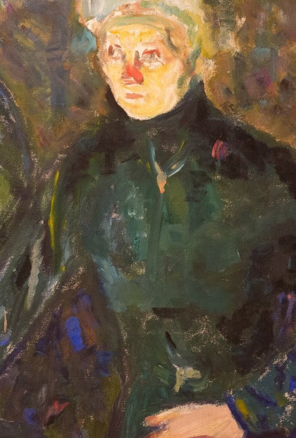 Her pale, almost spectral face and the bandage suggest illness, suffering, or a psychological wound.