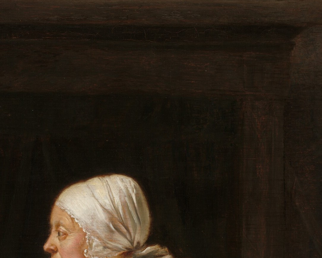Her bowed head hides no face of a model. She's a fiction.