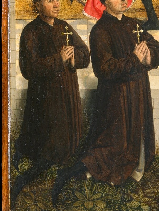 Devotional portraits of the commissioning patrons; their crosses suggest clerical or confraternity status , the private faces behind a public altarpiece commission.