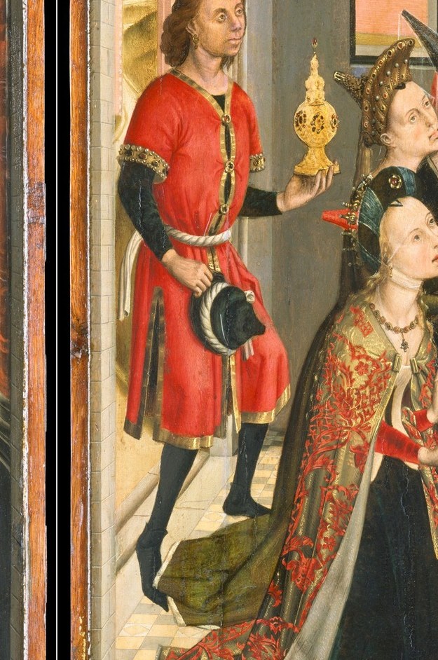 Central heroine of the right scene; the heavily patterned outer garment is the painter's showpiece , a slow camera landing here would reveal Flemish textile-rendering at its finest.