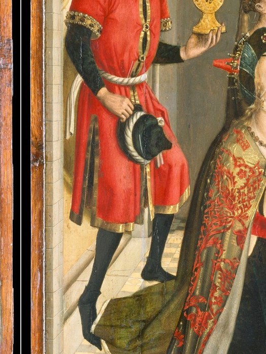 Even the Queen's brocade is pure 1490s court fashion.