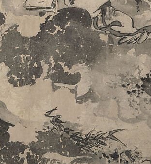 Piled flat-ax strokes (斧劈皴) articulate the cliff face; the darkness anchors the left edge and contrasts with the pale mist drifting above
