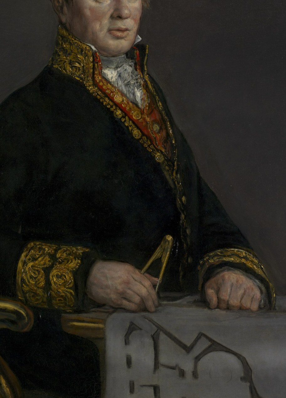 His ornate uniform, with gold braid, shows his high status.
