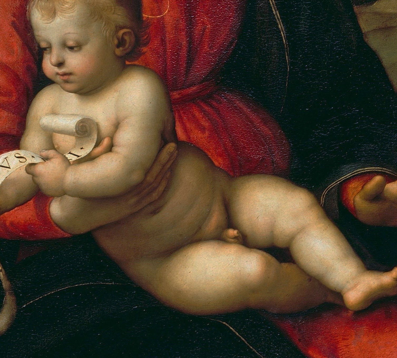 His plump form and engaged gaze suggest both his divine nature and his humanity.