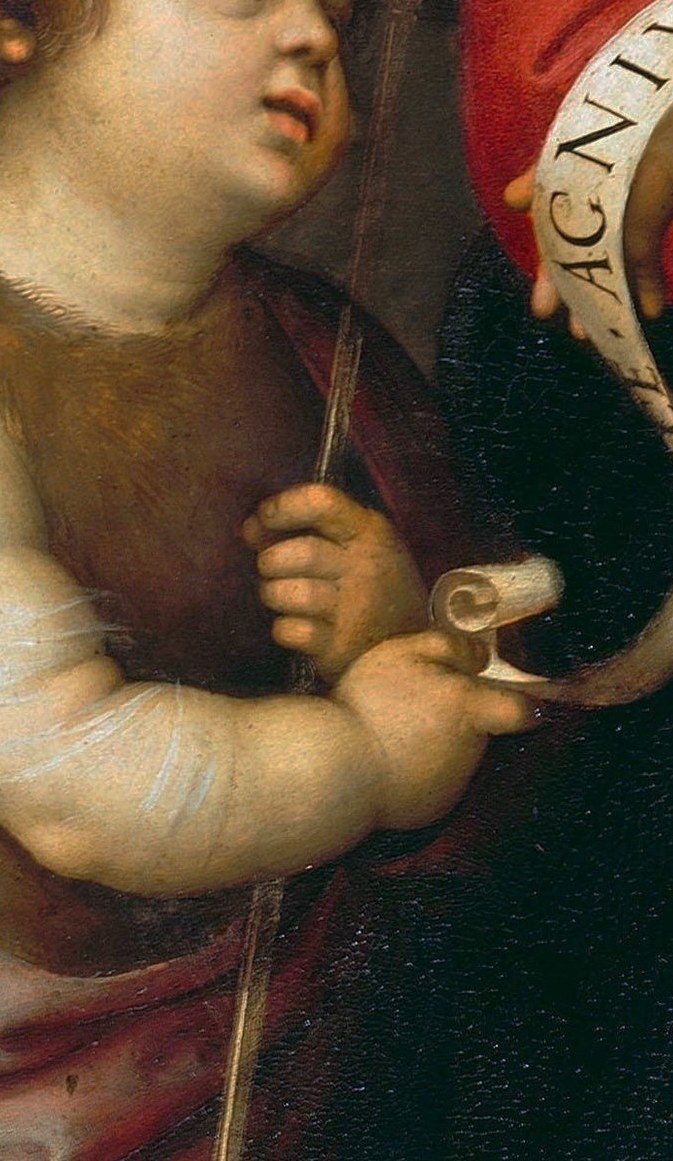 Next to them, the infant Saint John holds his cross-staff.