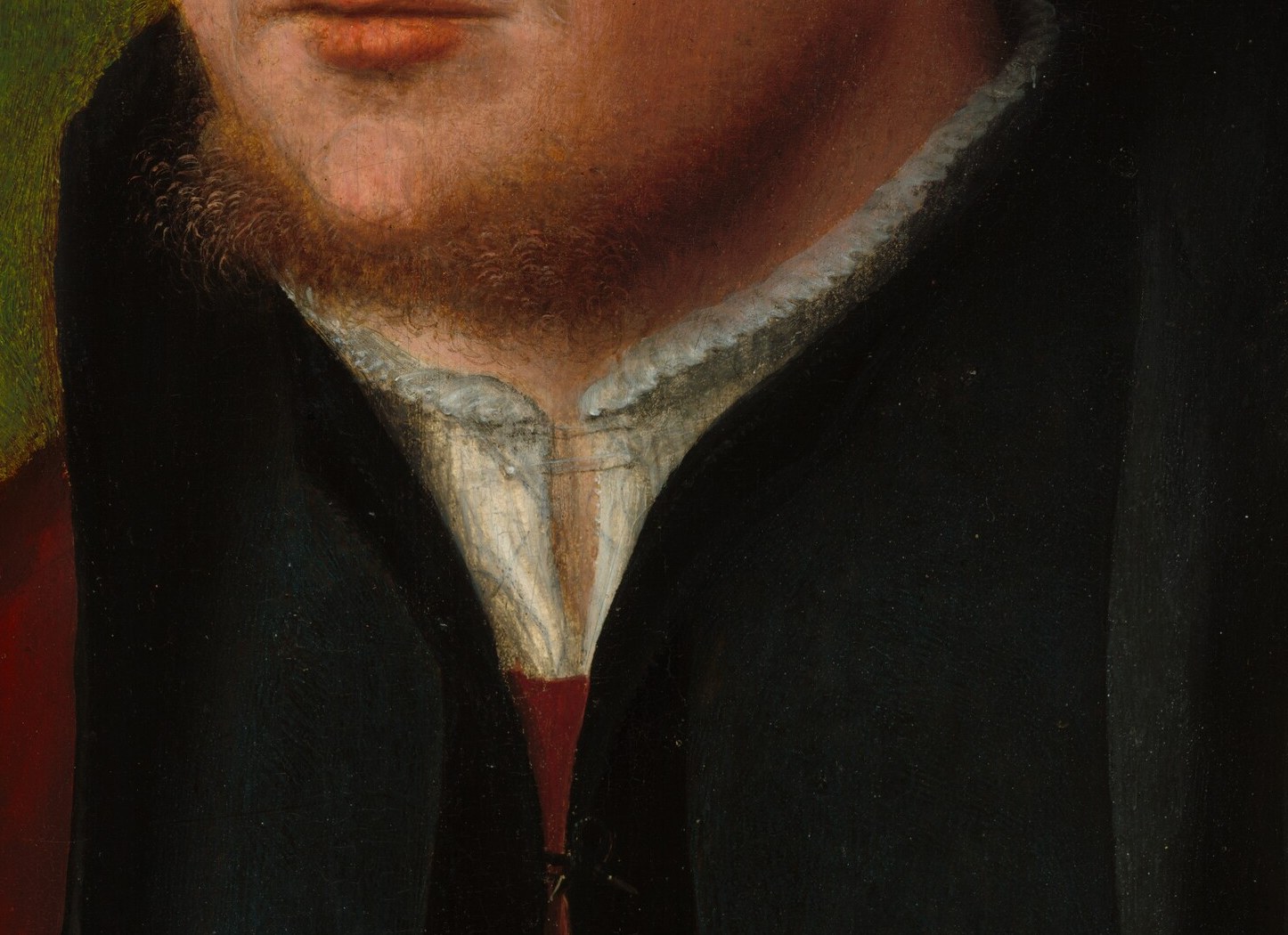 The crisp, broad falling band collar stands in striking chiaroscuro against the dark garment, demonstrating the artist's skill with light and textile texture.