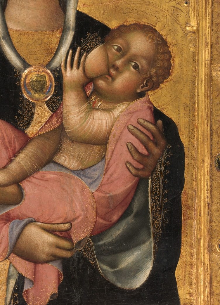 The pinkish wrap echoes the Madonna's inner robe, visually binding mother and child into a single color chord; the loose folds show fei's control of drapery in tempera.