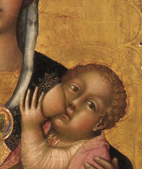 The infant looks outward with a curious, alert expression unusual for this era , most 14th-century Christ Children stare blankly; this one engages the viewer directly.