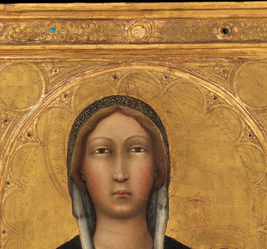 Deep ultramarine blue draped tightly, framing and contrasting with the warm gold ground , its precise edge-work shows the careful layering tempera allows.