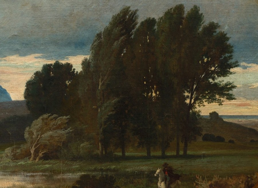 The dense foliage of the trees on the right creates a strong vertical element and frames the middle ground.