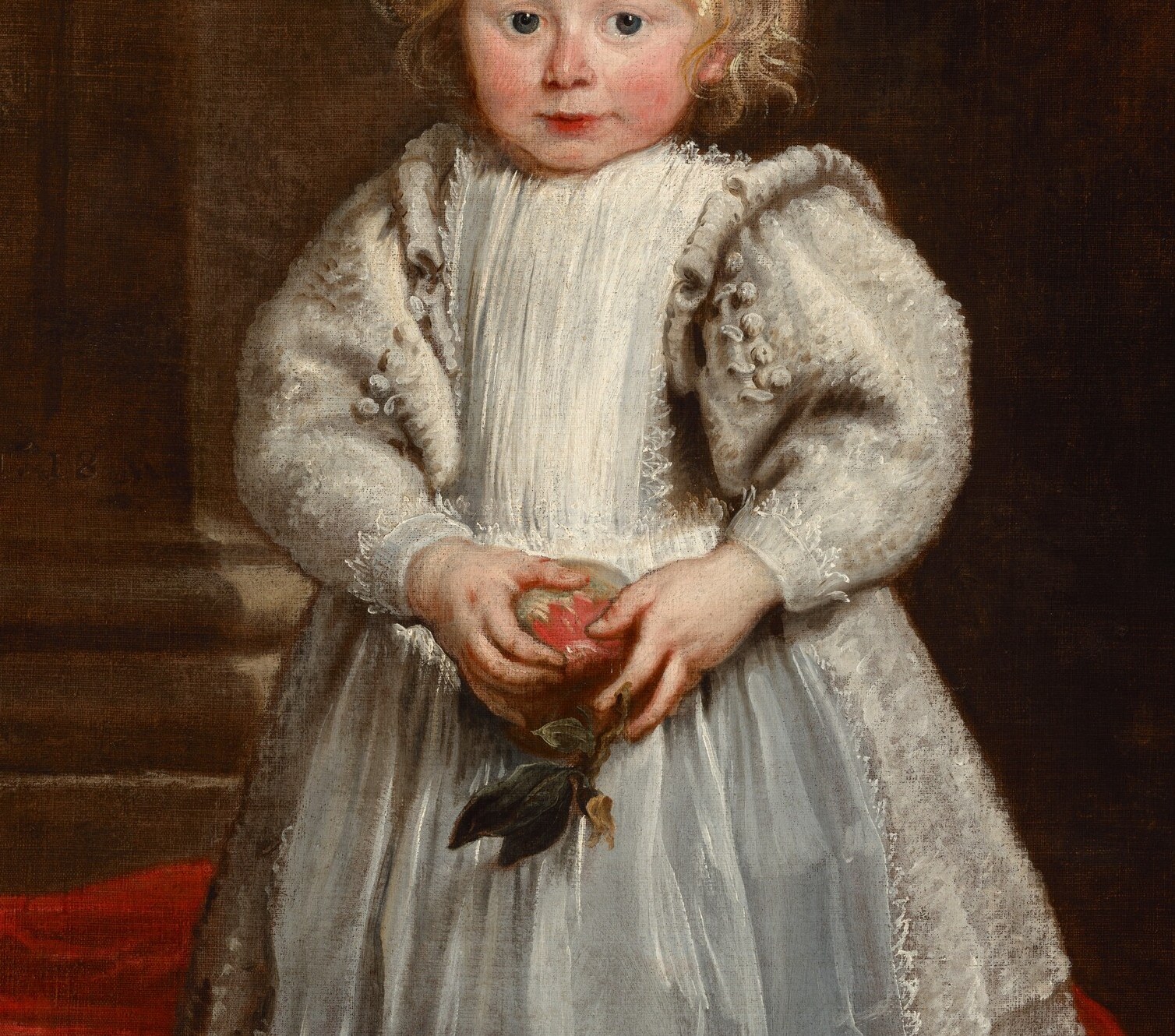 The dress is white satin. Genoa, 1623.