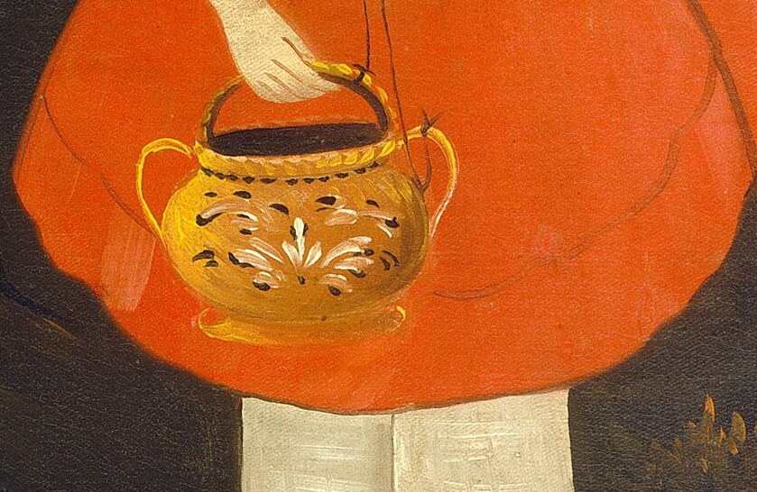The younger sister gently clasps a golden teapot.