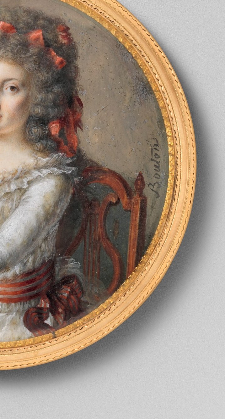 The harp fills the right half of the composition; its warm gold is the dominant color counterpoint to the white dress.