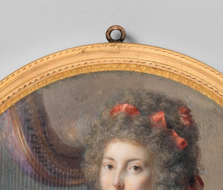 Delicately modeled ivory-pale complexion with rosy cheeks; the emotional anchor of this intimate private portrait.