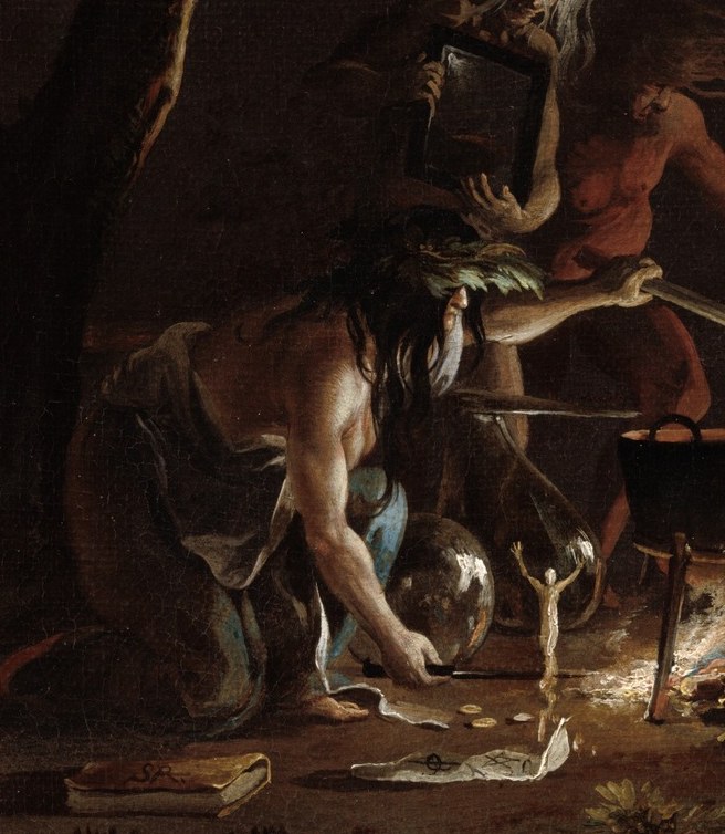 A kneeling witch tends a fire and stirs a bubbling cauldron.
