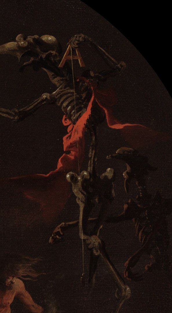 A skeletal figure holds a lantern, guiding the scene.