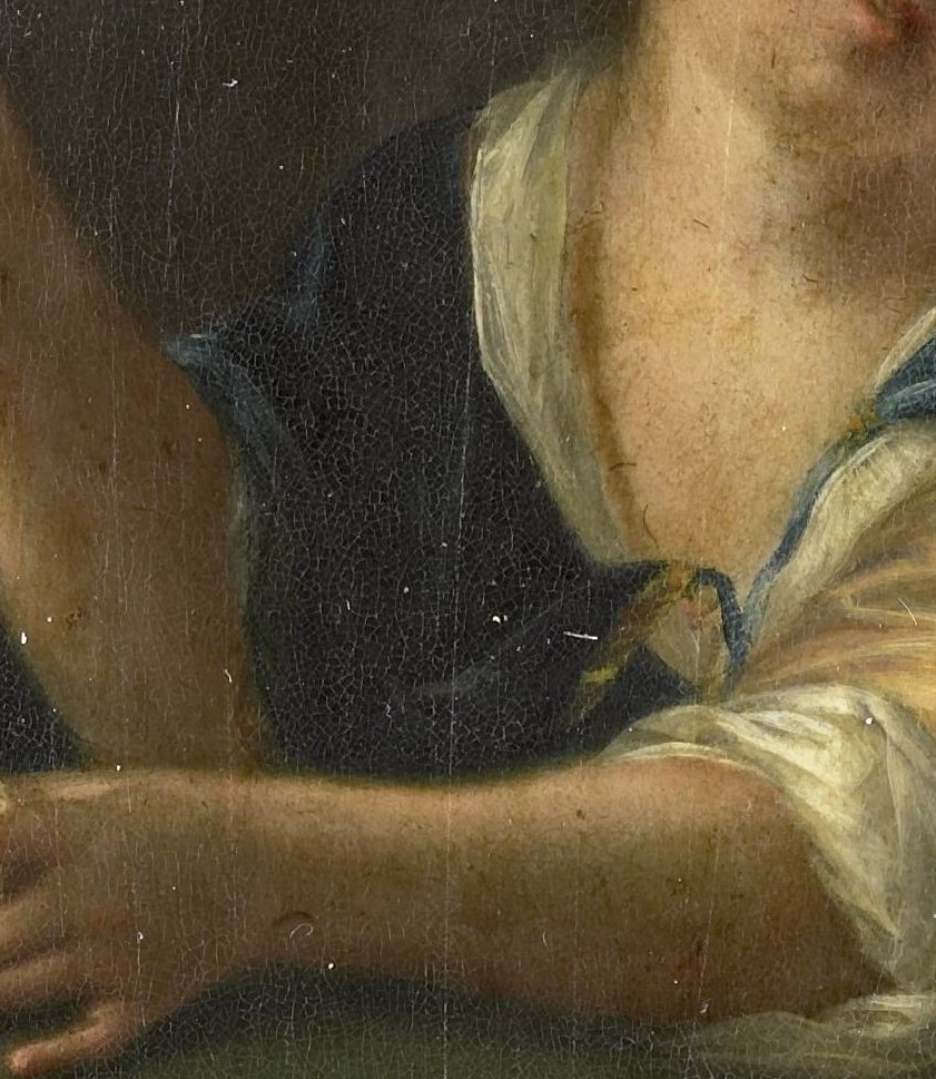 The rich blue fabric and the white trim show the artist's mastery of texture and light on clothing.