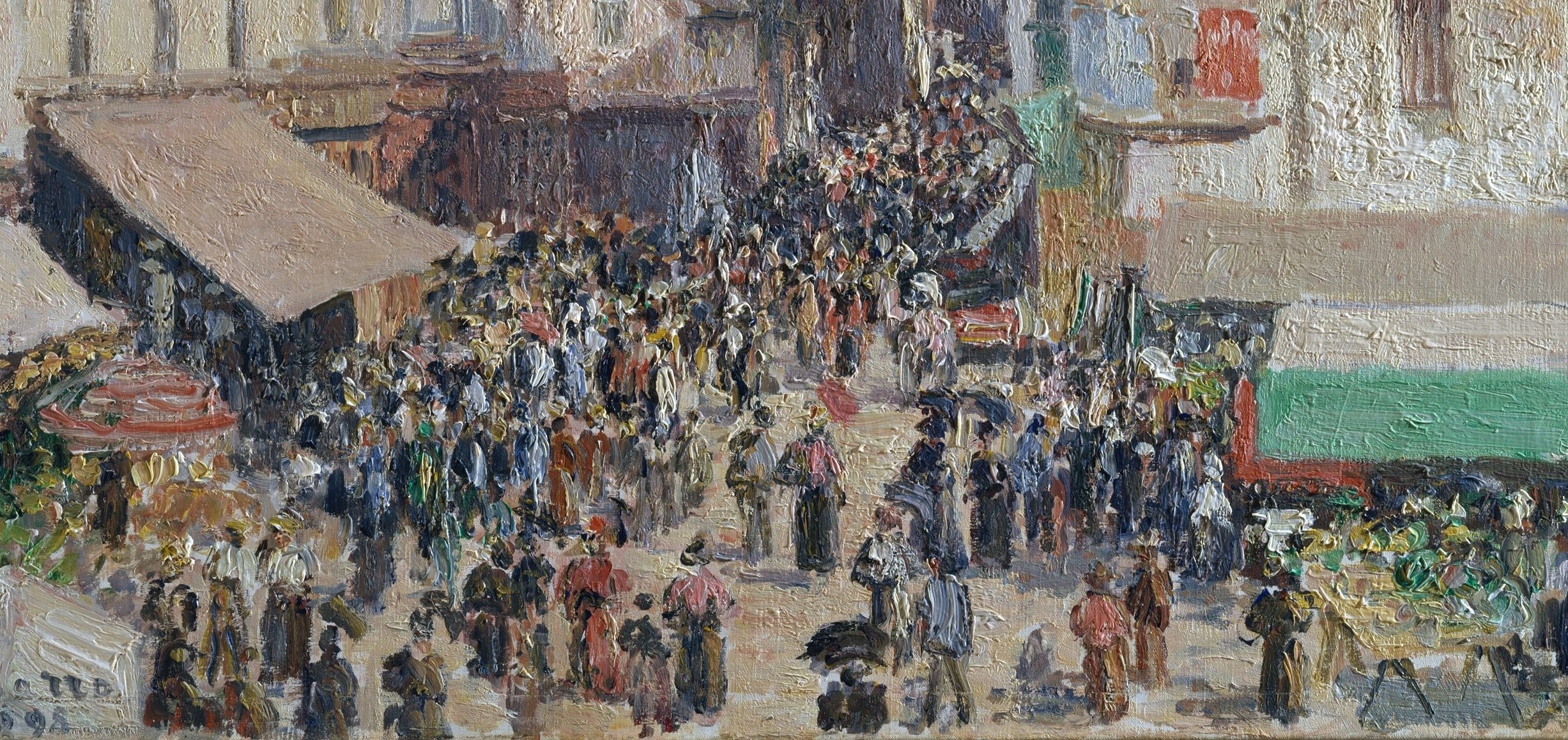 A busy shopping street in Rouen, painted from a hotel window.